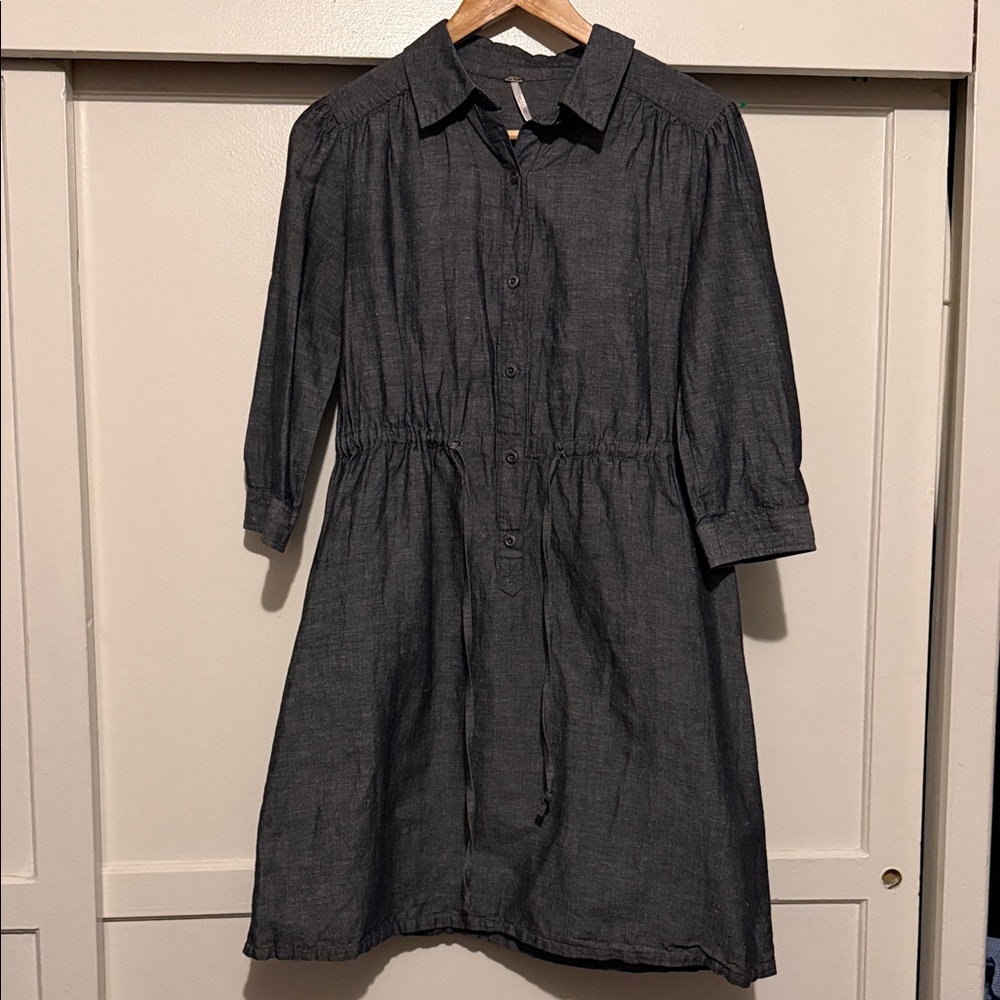 Free People Dark Gray Button-Front Midi Shirt Dress